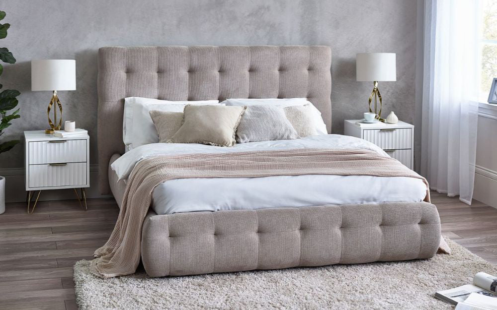 Aoko Bed with Side Table and Indoor Plant in Bedroom Setting