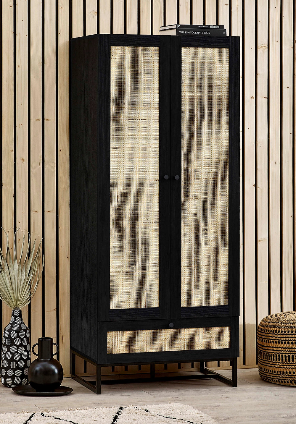 Bari Wardrobe with Pouf and Black Vase in Bedroom Setting