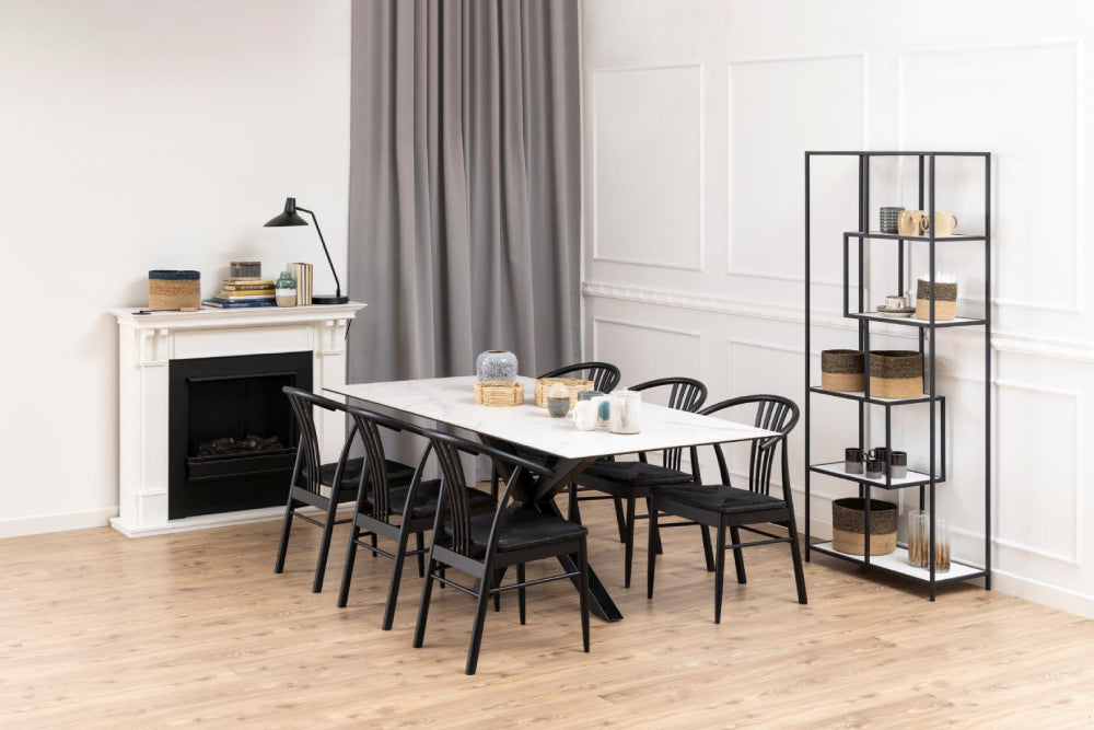 Evan-Rectangular-Dining-Table-White-Marble-with-Table-Lamp-and-Shelves-in-Dining-Setting