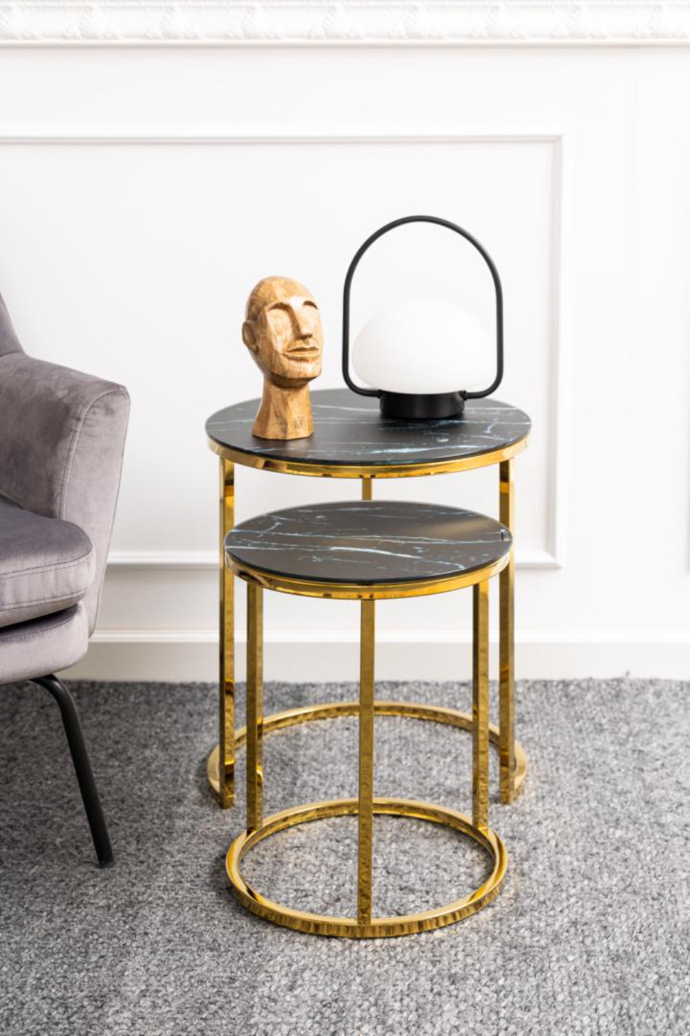 Lysa Round Nest of Tables Black Marble with Table Lamp and Floor Carpet in Living Room Setting 2