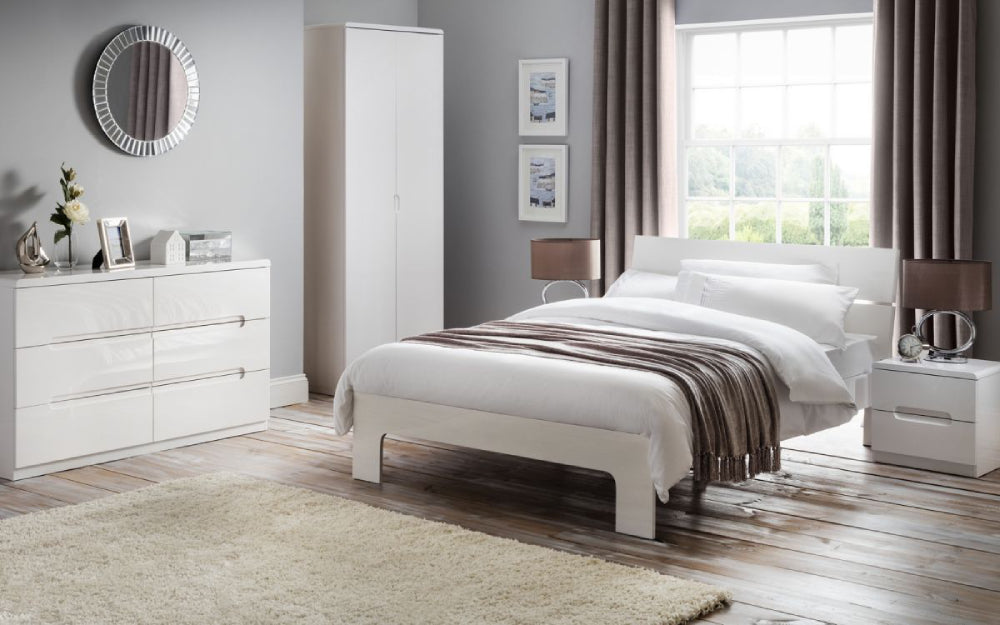 Parker Bedside Table with 2 Drawers White with Wardrobe in Bedroom Setting