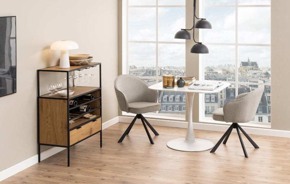 Sierra Display Cabinet with White Table and Grey armchair in Dining Setting