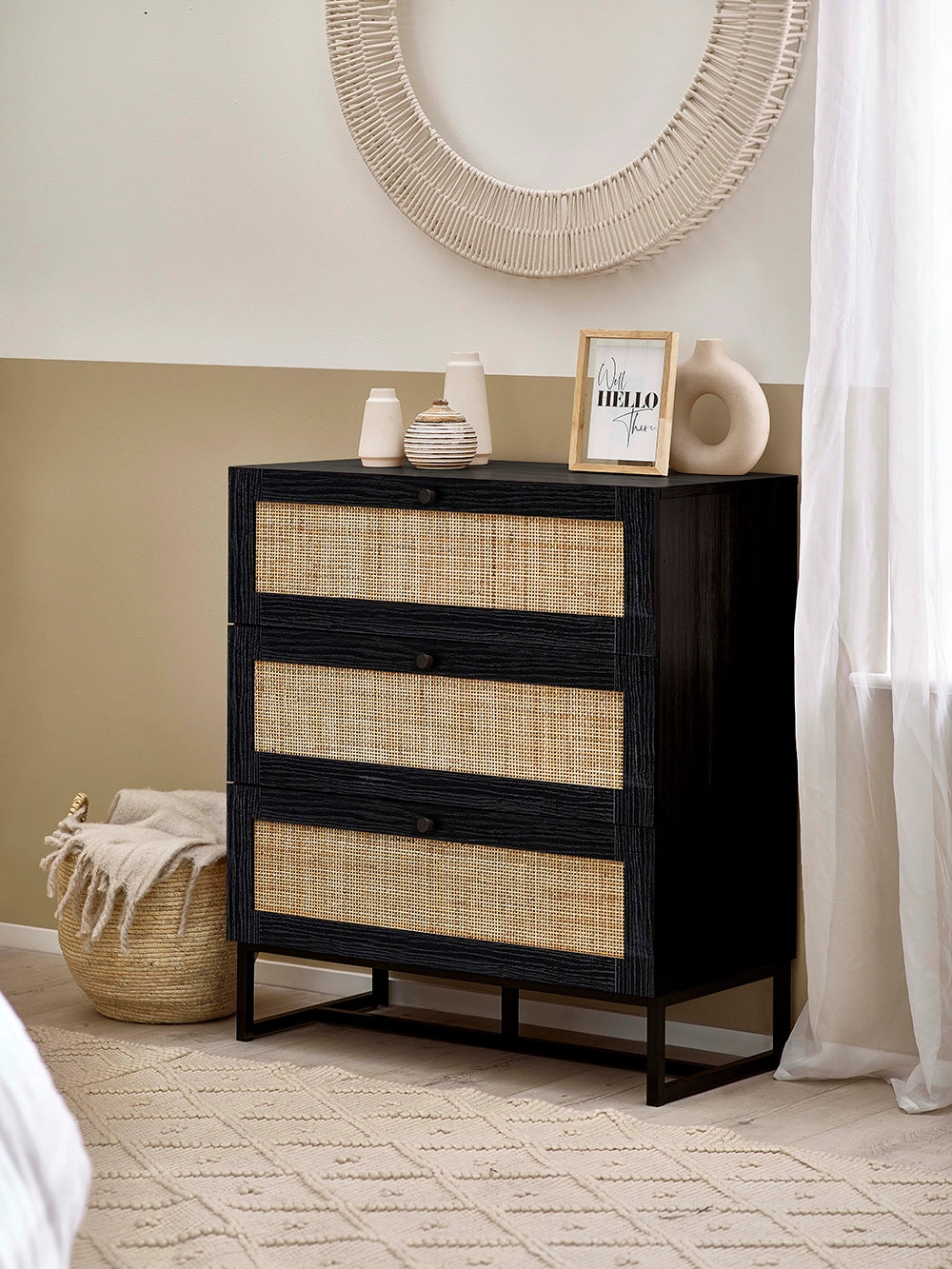 Bari 3 Drawer Chest with Wicker Basket in Living Room Setting