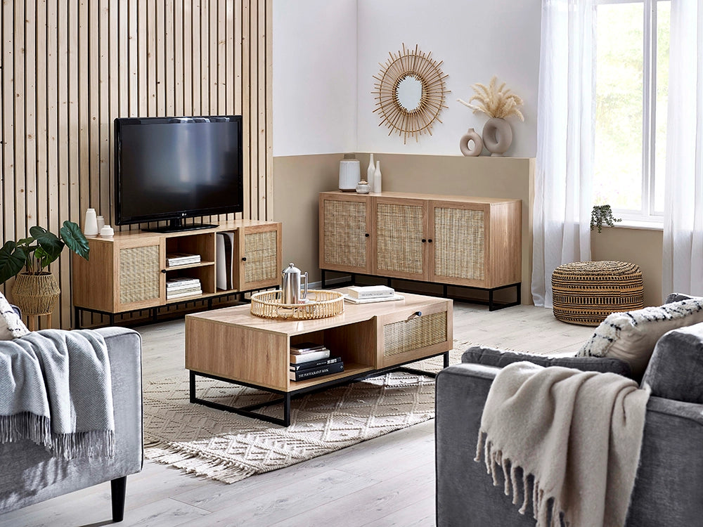 Bari Coffee Table with Pouf and Wooden Cupboard in Living Room Setting