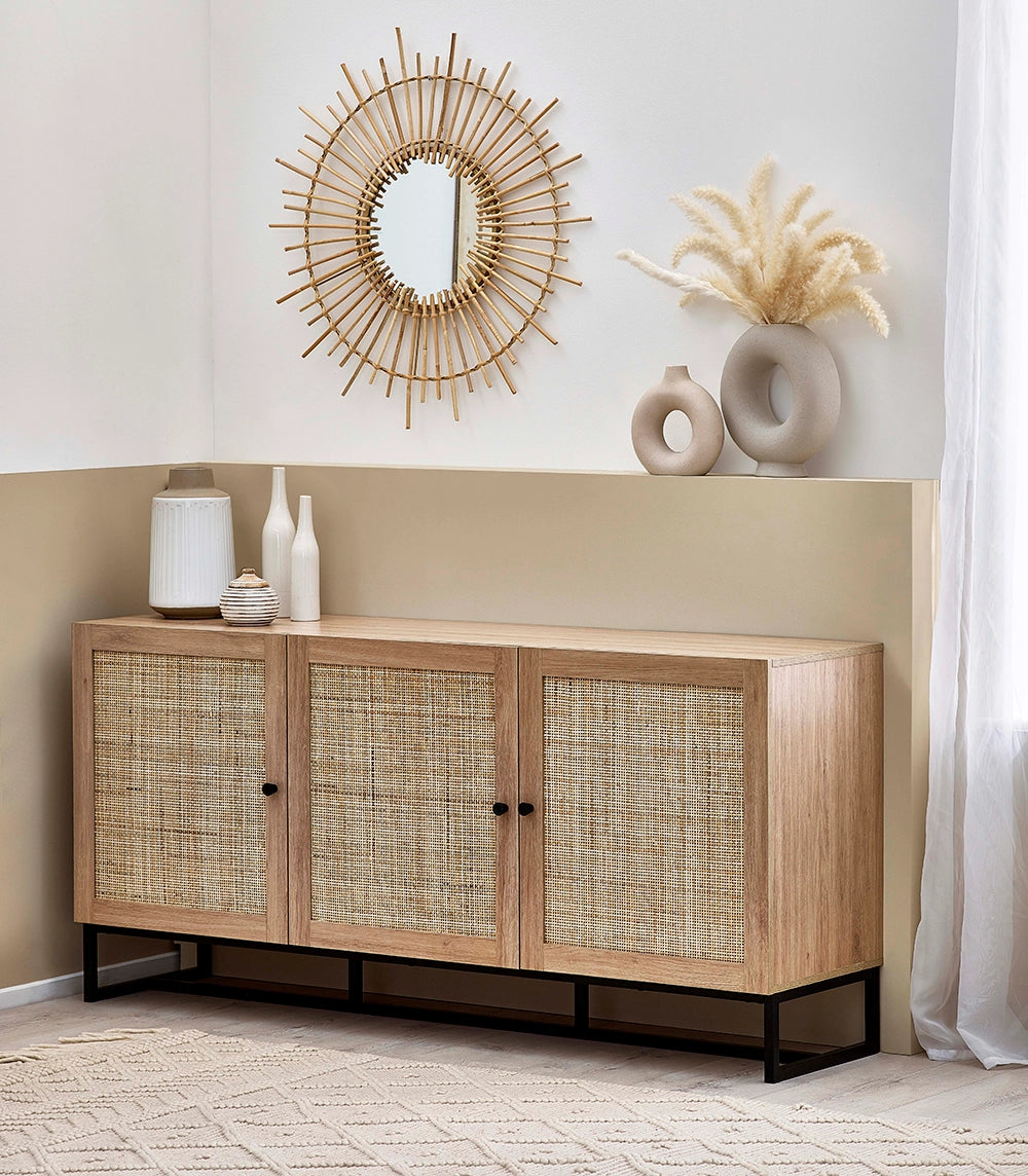 Bari Sideboard with Wall Mirror and Vase in Living Room Setting