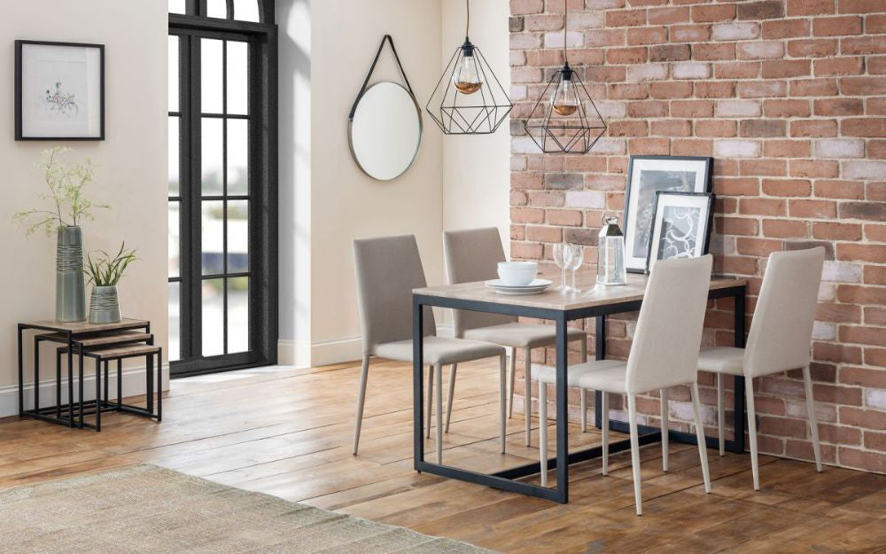 Beca Dining Table Sonoma Oak with Ceiling Light and Chairs in Living Room Setting