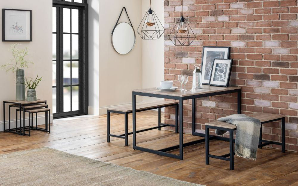 Beca Dining Table Sonoma Oak with Hanging Mirror and Bench in Living Room Setting