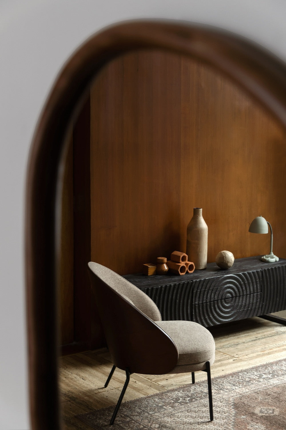 Cole Wooden Media Unit with Lounge Chair and Lampshade in Living Room Setting 2