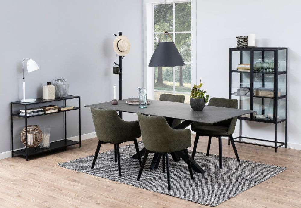 Evan Rectangular Dining Table Black with Table Lamp and Cabinet in Dining Setting
