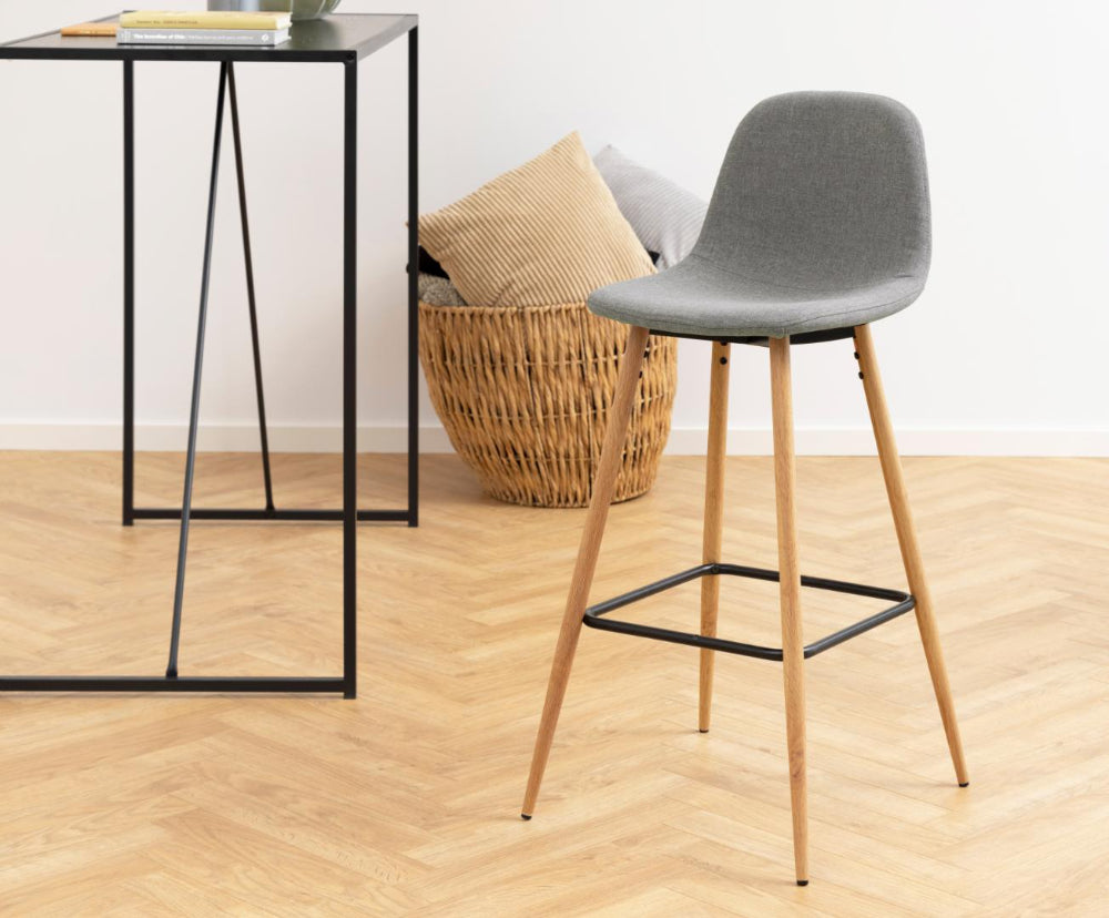 Fred Barstool with Footrest in Grey Finish with Hightop Table in Living Room Setting