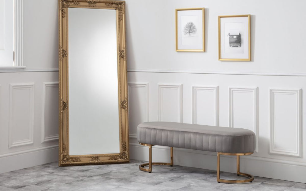 Holly 2 Seater Bench Grey with Standing Mirror and Wall Art in Bedroom Setting