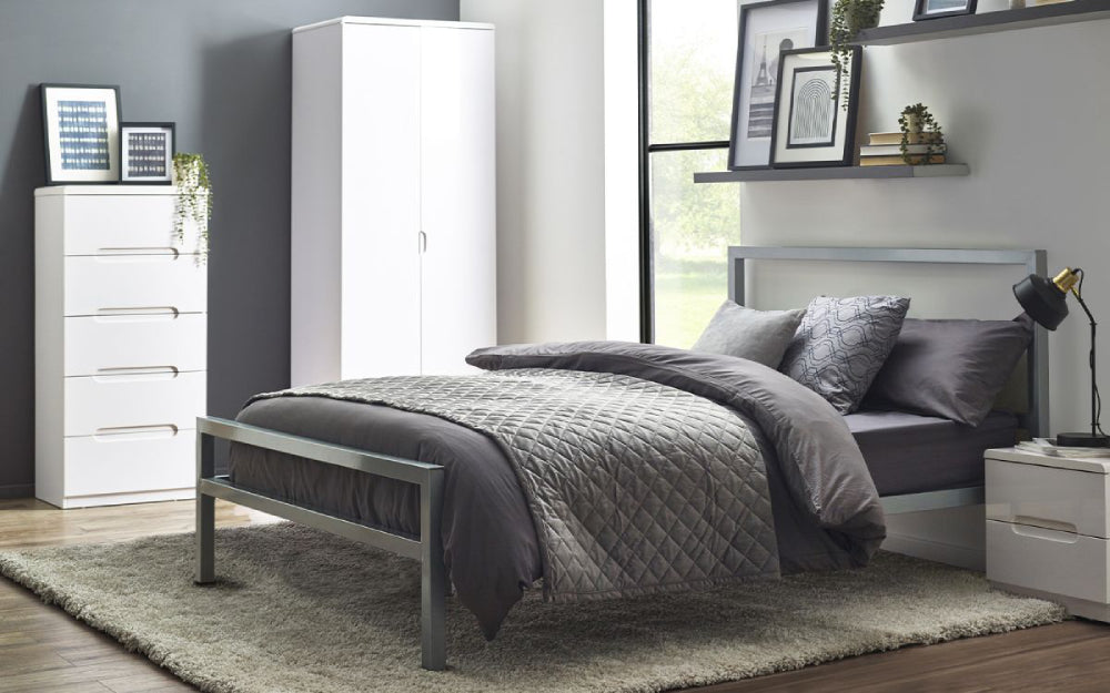 Kota Single-Sized Bedrame in Grey Finish with Wardrobe and Lampshade in Bedroom Setting