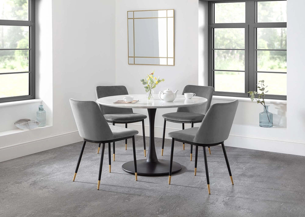 Luna Dining Chair in Grey Finish with Round Top Table and Square Mirror in Breakout Setting