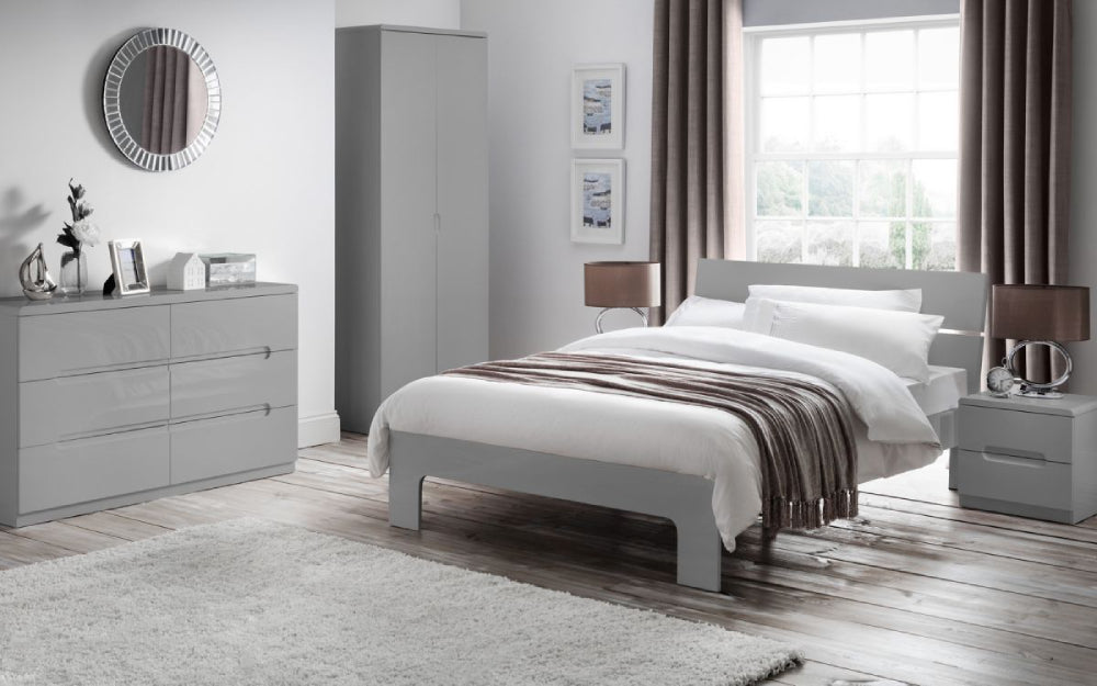 Parker Bedside Table with 2 Drawers Grey with Wardrobe in Bedroom Setting