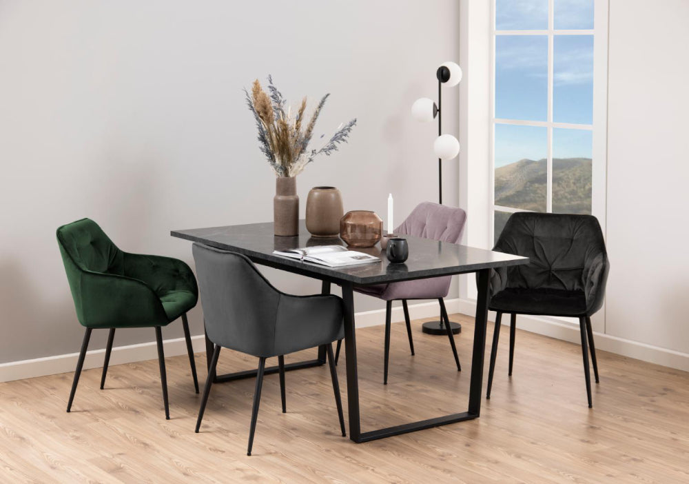 Ramble Rectangular Dining Table Black Marble with Chairs in Living Room Setting
