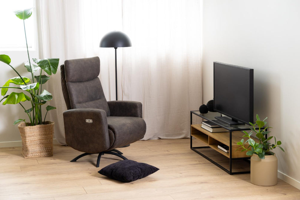 Reece Clear Glass Top Media Unit with Indoor Plant and Floor Lamp in Living Room Setting 2