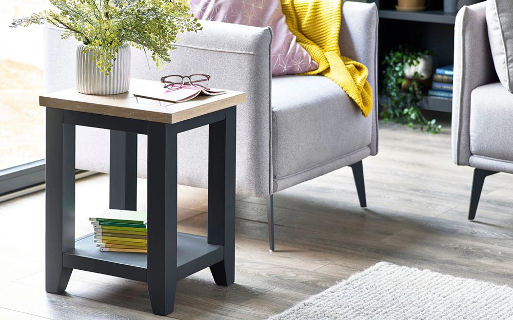 Rua Extending Dining Table Dark Grey Leg Finish with Two Toned Finish Cupboard in Dining Setting