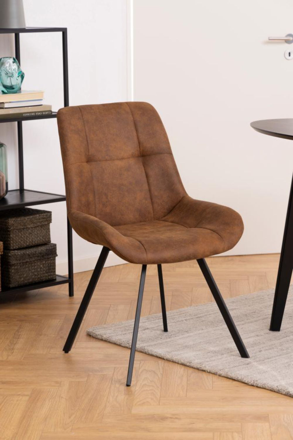 Taylor Dining Chair Camel with Floor Rug and Bookshelves in Living Room Setting
